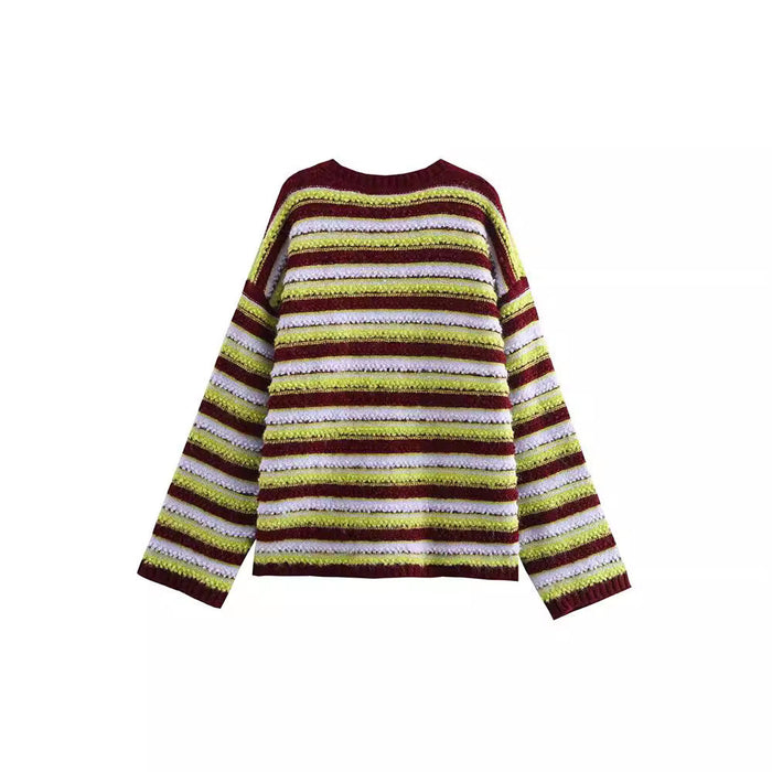 Retro loose lazy contrasting striped looped sweater