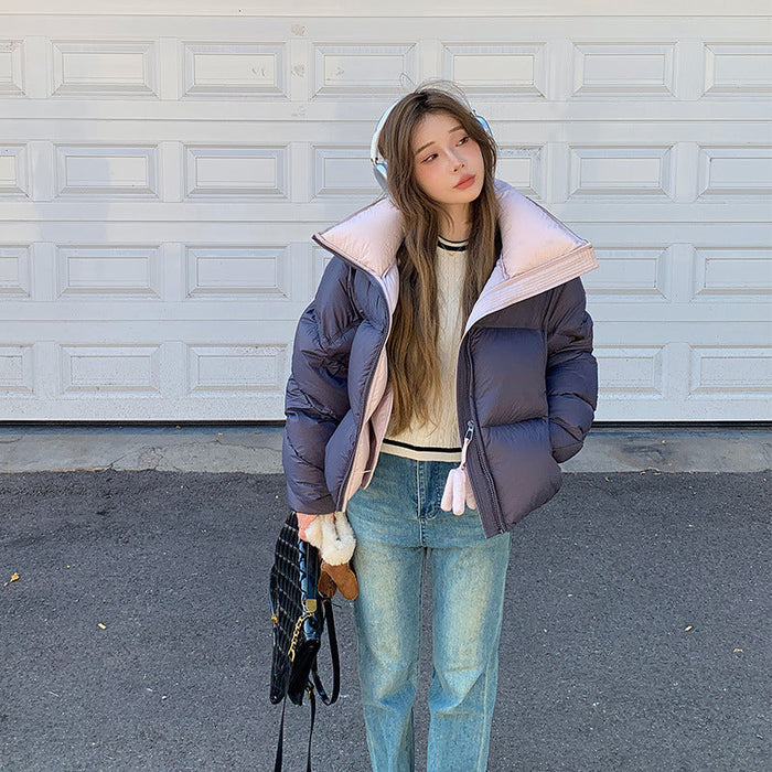 Women's High Collar Warm Cotton-padded Coat With Contrast Color Design