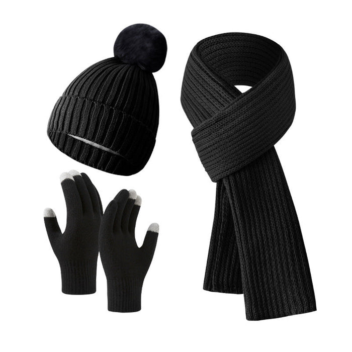Solid Color Woven Hat Scarf And Gloves Warm Set