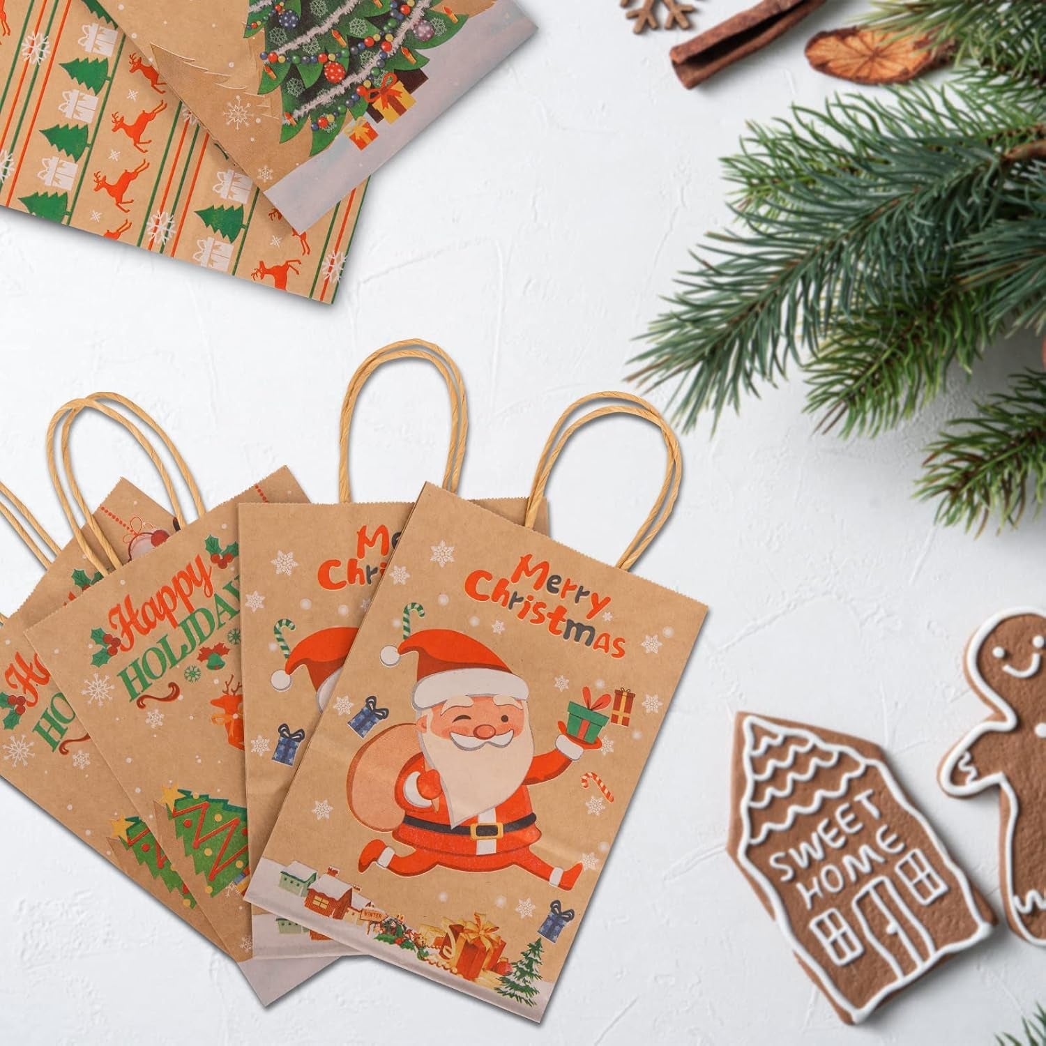 Christmas Kraft Paper Bags,  12 Pieces Xmas SMALL Assorted Paper Goodie Bags Bulk with Handle for Christmas Party Favor Supplies 145X210X80 Mm (Brown)