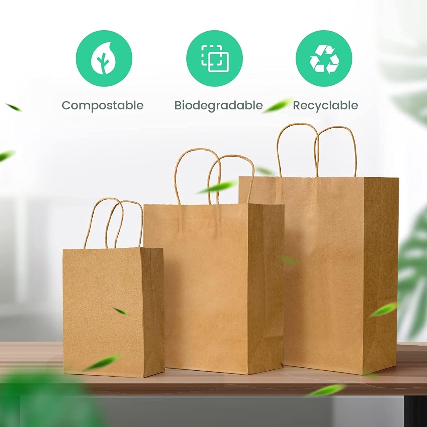 100Pcs Brown Kraft Paper Bags with Handles - Mixed Size Gift Bags for Business, Shopping, Retail, Party, Favor, Merchandise - Perfect for Bulk Use