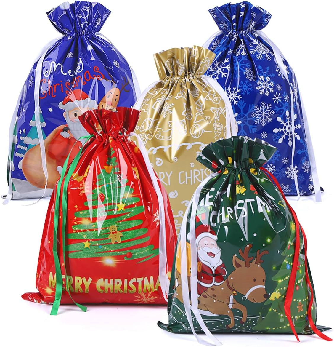 39 * 51Cm Large Size Xmas Goody Gift Wrapping Bag, 5Ps Christmas Drawstring Bags for Christmas Party-Snowflakes