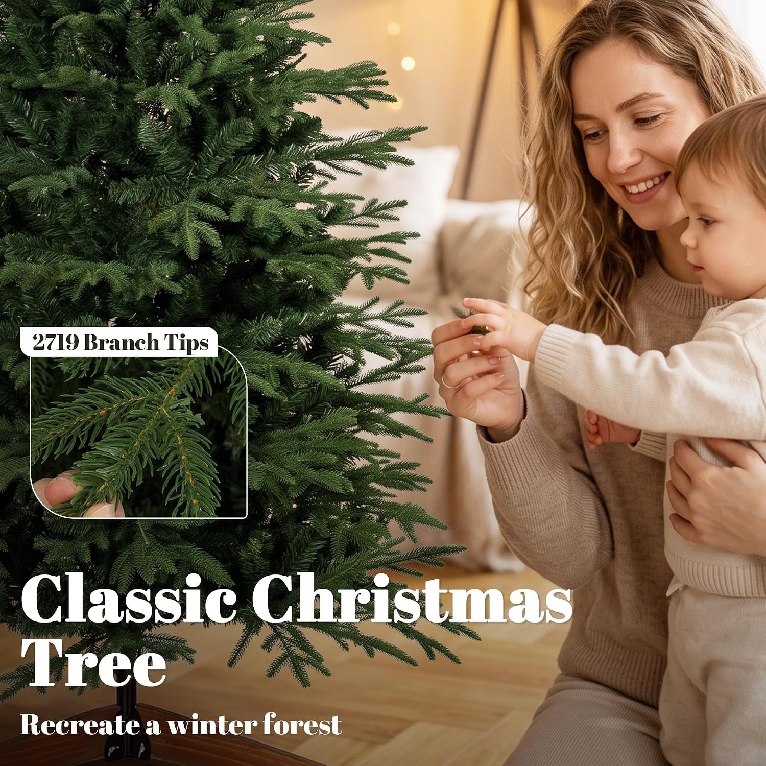 7Ft Artificial Christmas Tree Solid Pine Wood Stand, Green