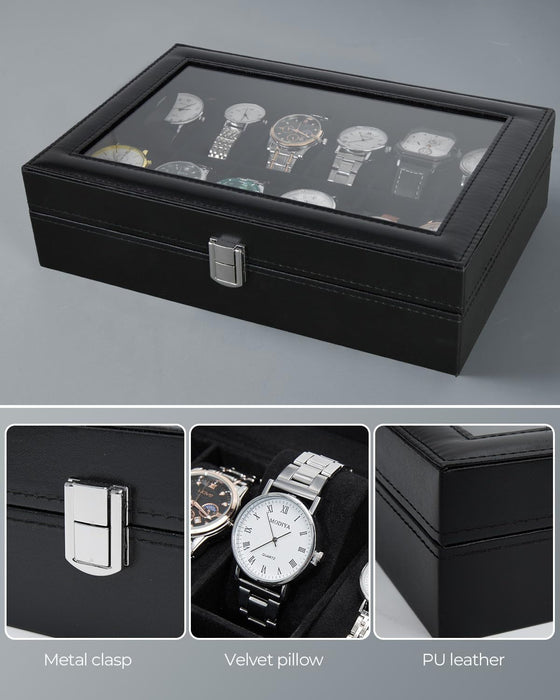 Watch Box with 12 Slots, Watch Case with Glass Lid, PU Leather Watch Holder with Velvet Pillows, Watch Storage Box for Men and Women, Gift Idea for Birthday Father'S Day Christmas
