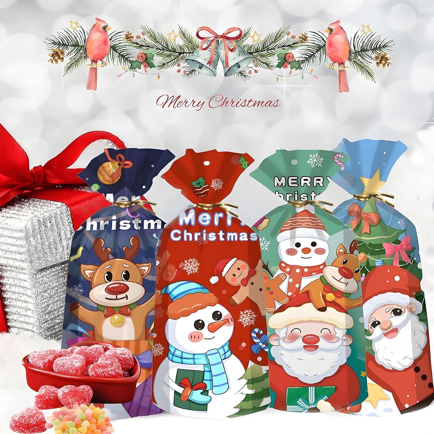 50Pcs Christmas Cellophane Candy Bags,Santa Snowman Elk Xmas Sweets Bag Loot Cookie Snack Treat Bag with Twist Tie,Wonder Wrap Gift Bag for Christmas Party Favor Supplies