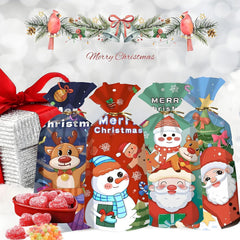 50Pcs Christmas Cellophane Candy Bags,Santa Snowman Elk Xmas Sweets Bag Loot Cookie Snack Treat Bag with Twist Tie,Wonder Wrap Gift Bag for Christmas Party Favor Supplies