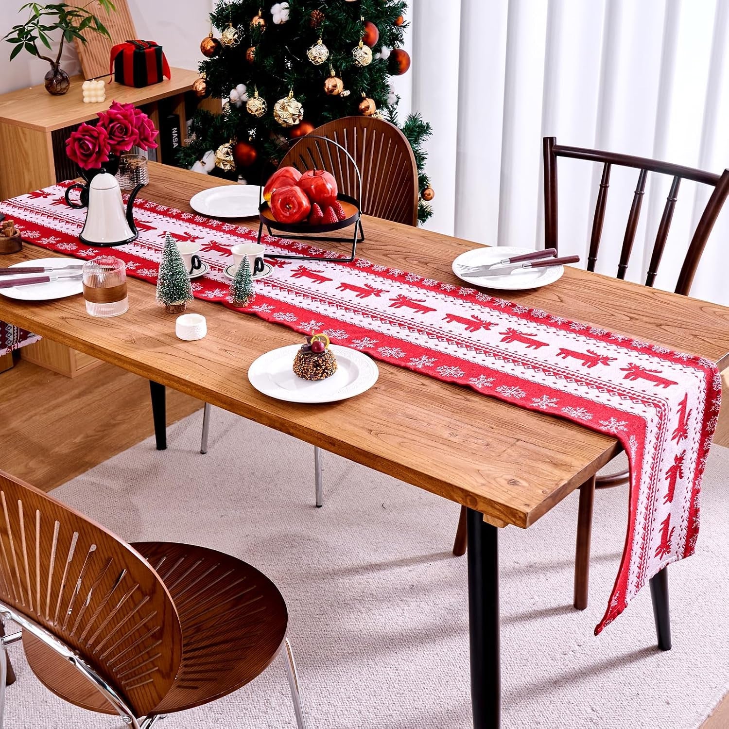 Christmas Table Runner, Red Modern Christmas Decorations with Christmas Reindeer and Snowflakes Xmas Pattern, Kitchen Dining Table Decoration for Home Party Decor, Winter Holiday, 35X180 Cm