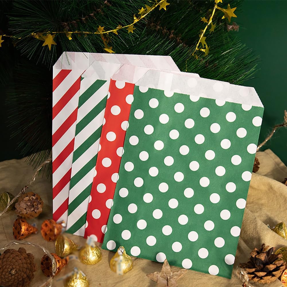 96 Pcs Small Christmas Paper Treat Bags Candy Buffet Bags Flat Cookie Bags Sleeves for Packaging Doughnut Bags for Holiday Party Favor Bags