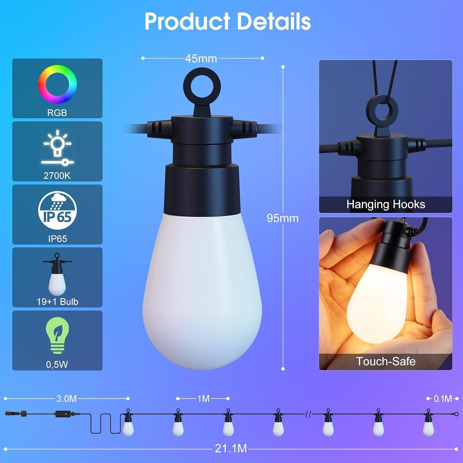Festoon Lights Outdoor Mains Powered - 69FT/21.1M RGB Garden String Light