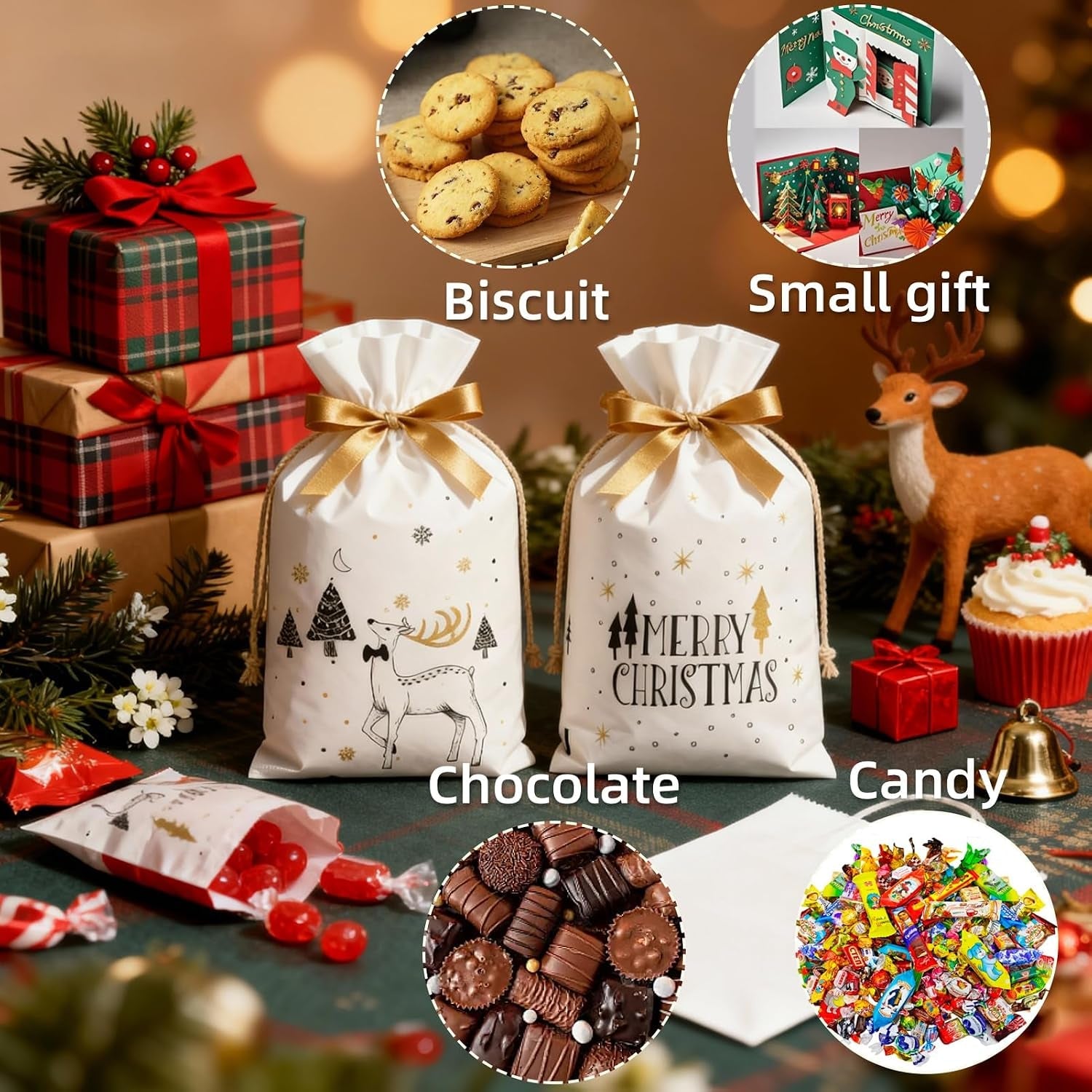 50 PCS Small Christmas Bags with Drawstring, Reusable Xmas Drawstring Gift Packaging Bags for Sweets, Cookies, and Treats, for Christmas, Parties, and Gift Wrapping Biscuits and Chocolates