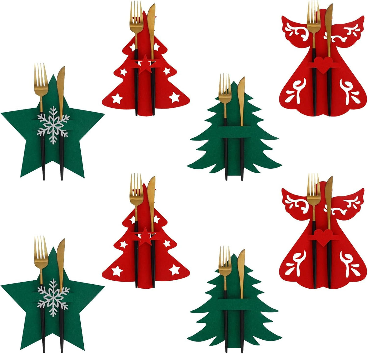 8 Pcs Christmas Silverware Holders Set Xmas Table Decorations Christmas Tree Star Angel Cutlery Holders Pockets Knifes Forks Tableware Bags Dinnerware for Party Home Restaurant Dinner Kitchen Decor