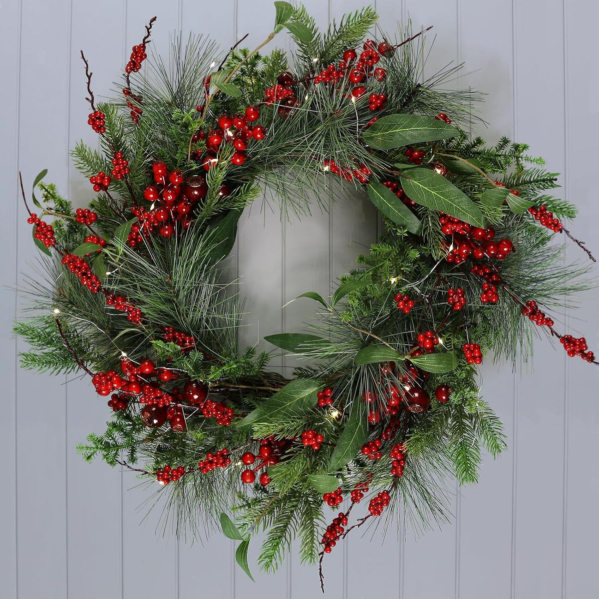 Red Berries Christmas Wreath Light up Pine Spruce Branches Rattan Twigs 60Cm