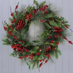 Red Berries Christmas Wreath Light up Pine Spruce Branches Rattan Twigs 60Cm