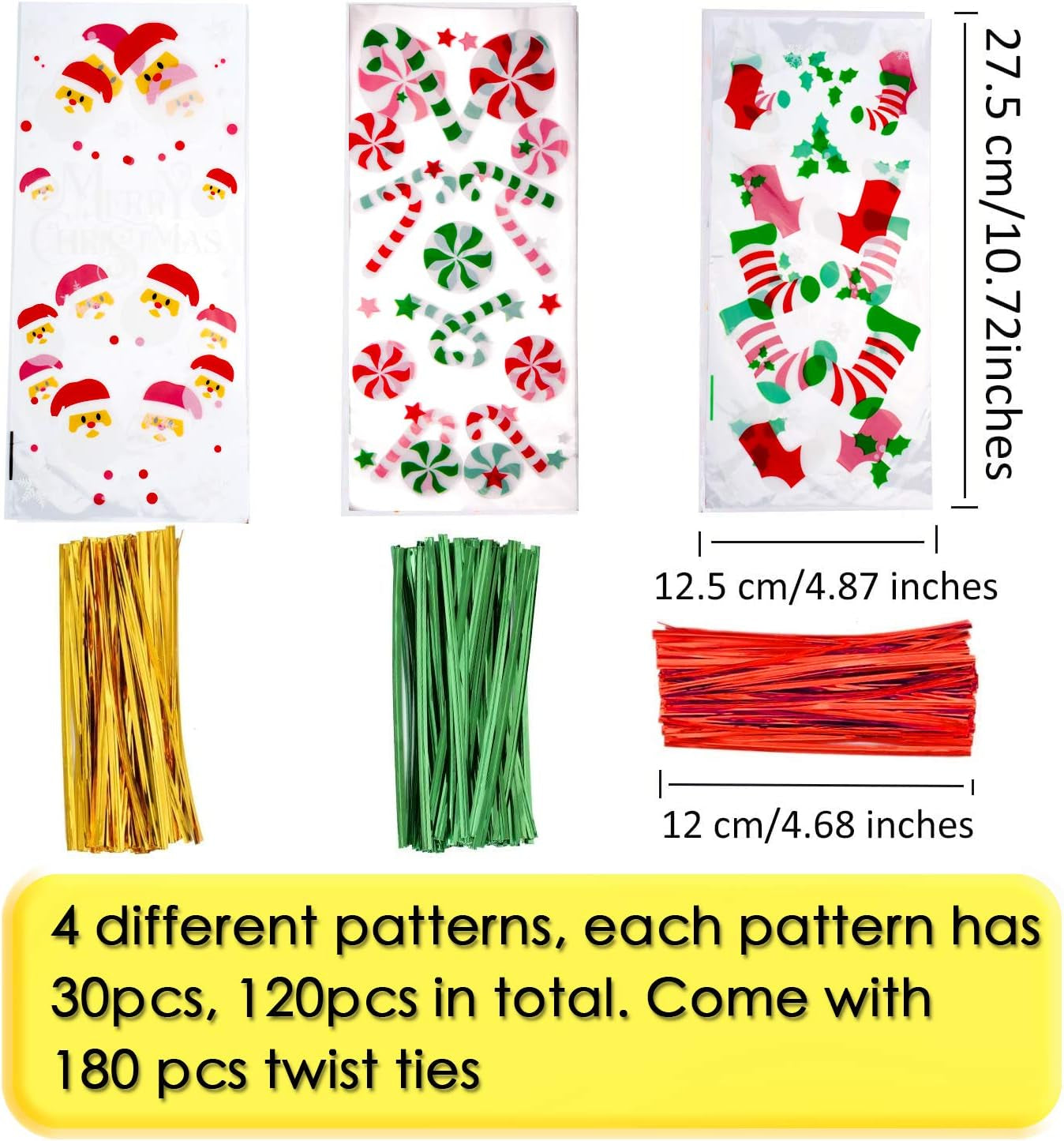 120 Pieces Christmas Cellophane Bags Xmas Gift/Goodies Treat Bags with 180 Pieces Twist Ties