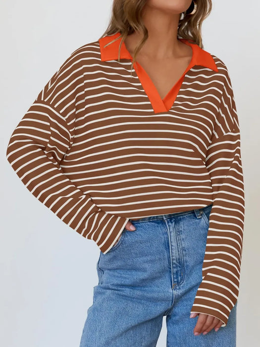 Mandy Striped  Collar Long Sleeve Sweatshirt