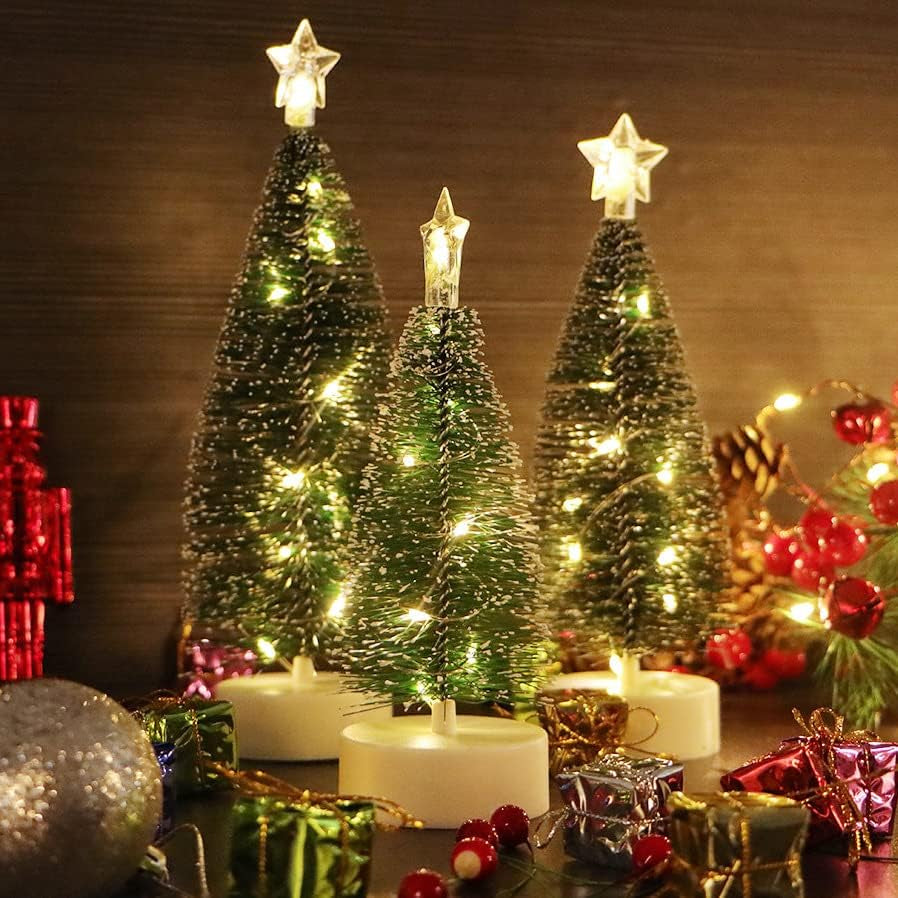 3 Pcs Tabletop Christmas Tree with Lights Mini Artificial Xmas Tree with LED String Lights Christmas Party Decoration Miniature Table Ornaments Home Office Tabletop Decor Mini Desk Top Christmas Tree