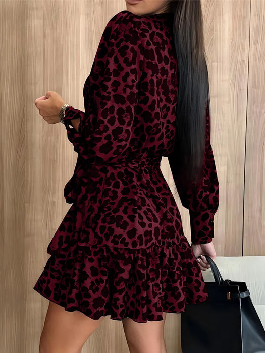 Women's long sleeved bubble sleeve V-neck lace up printed dress