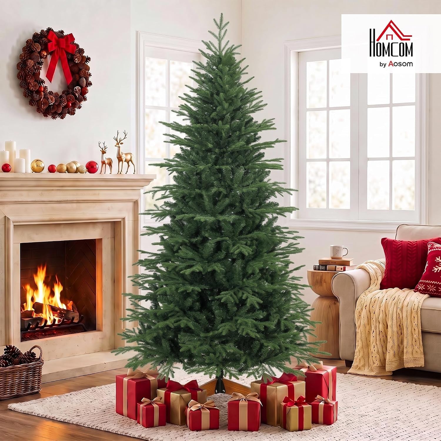 7Ft Artificial Christmas Tree Solid Pine Wood Stand, Green