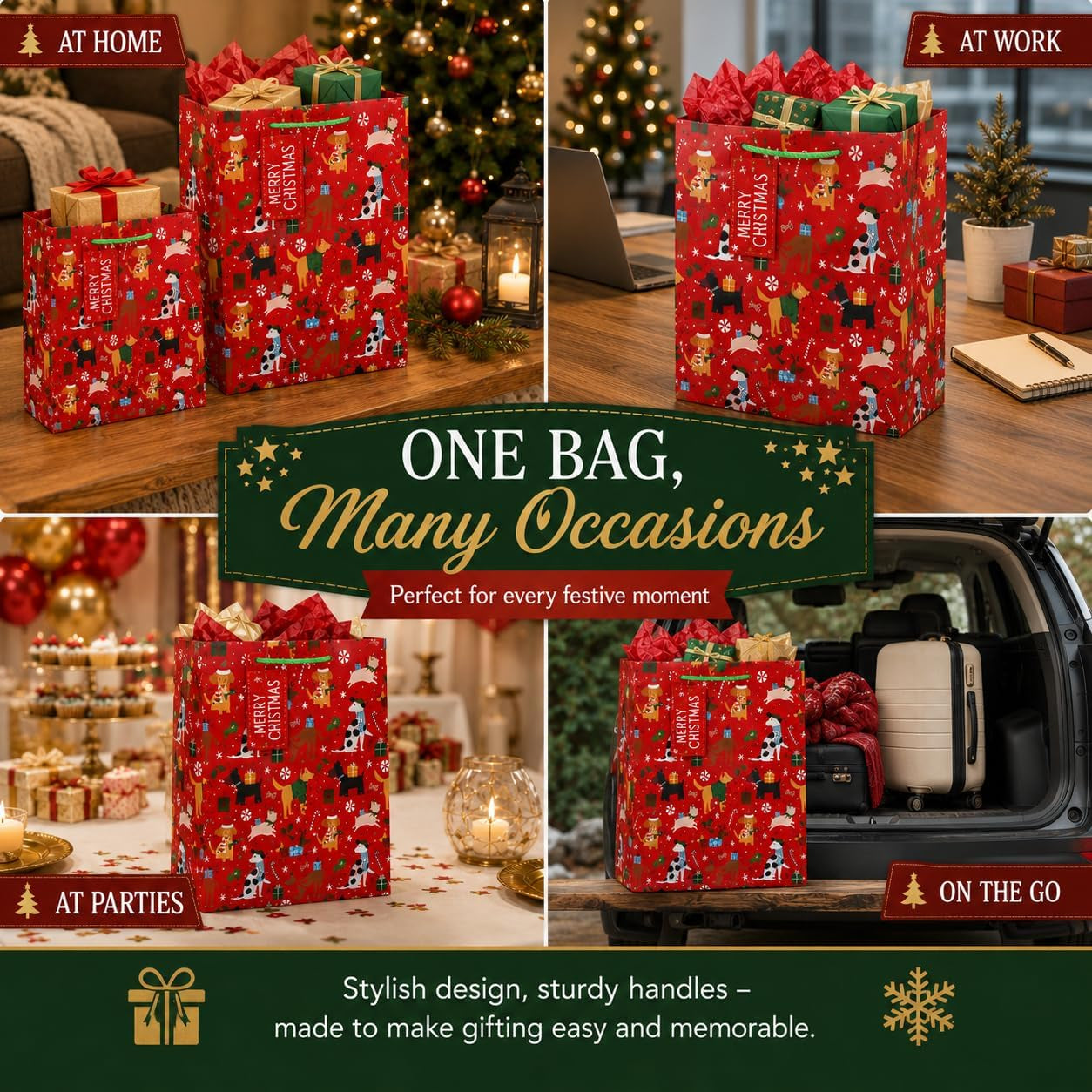 4 Pack of Christmas Dog Gift Bags with Handles, 2 Medium 26 X 15 X 33 Cm & 2 Small 21.5 X 10 X 25.3 Cm, Xmas Present Bags, Festive Gift Packaging for Family Friends Christmas Presents