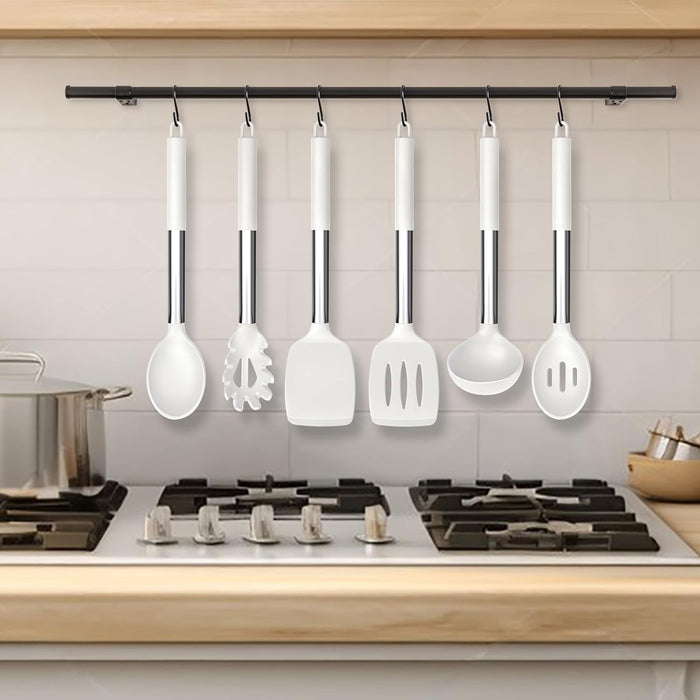 Kitchen Utensils Set, 6 Pcs Silicone White Cooking Utensils Include Ladle Turner Spoon Pasta Server, Heat Resistant Kitchen Tools with Stainless Steel Handle, Non-Stick Cookware Friendly