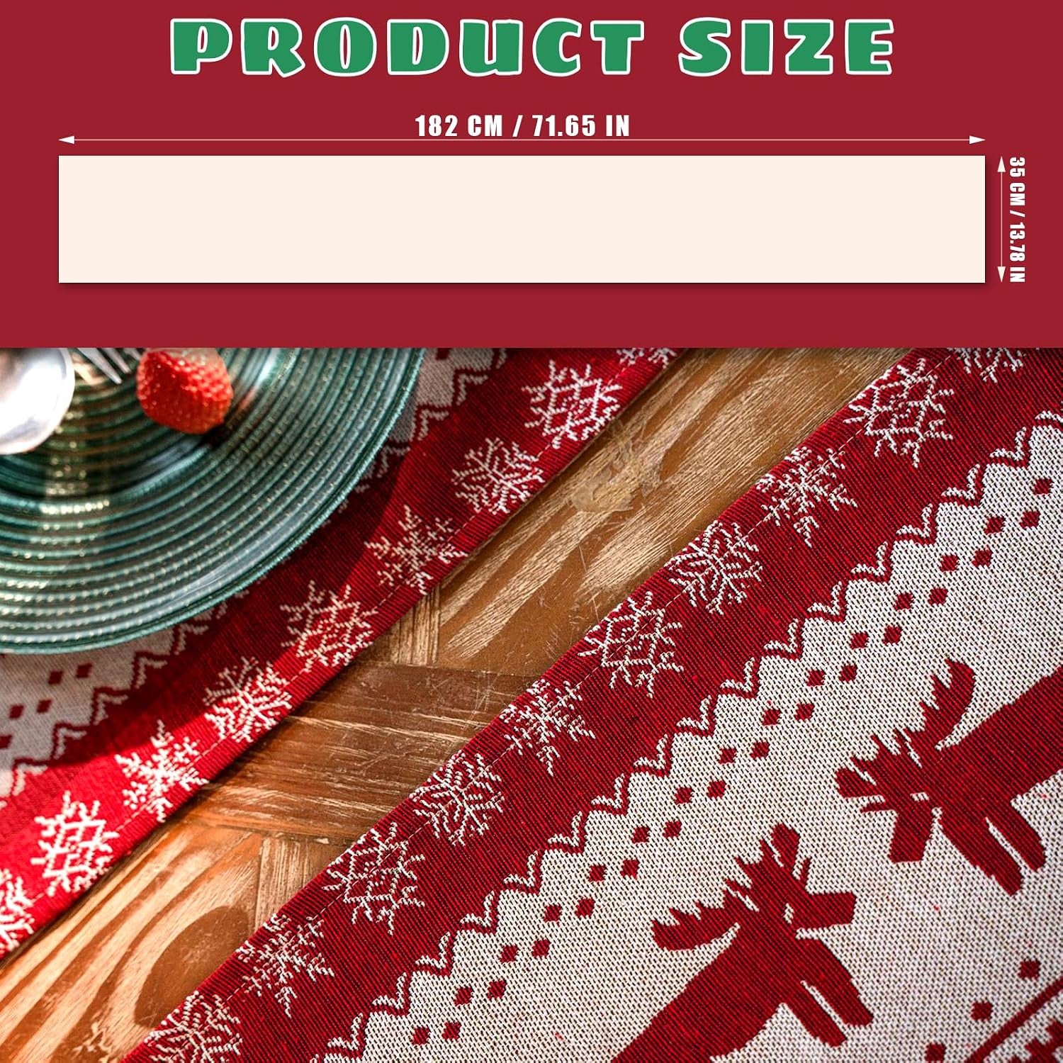 Christmas Table Runner, Red Modern Christmas Decorations with Christmas Reindeer and Snowflakes Xmas Pattern, Kitchen Dining Table Decoration for Home Party Decor, Winter Holiday, 35X180 Cm