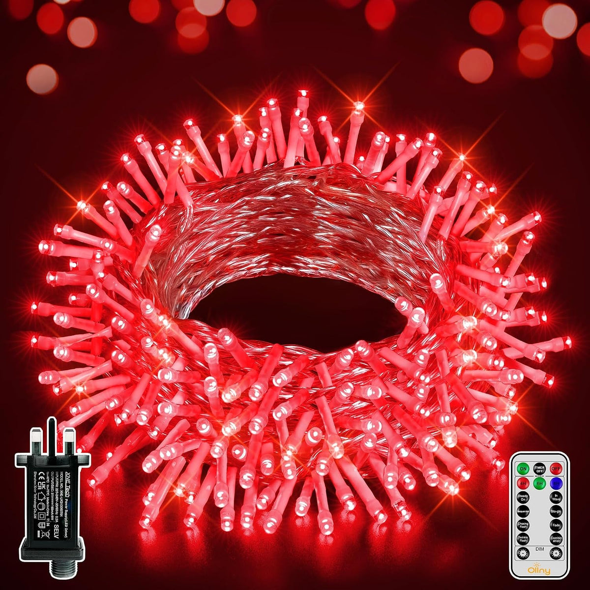 Red Fairy Lights Mains Powered 20M 200 LED Outdoor String Plug Remote
