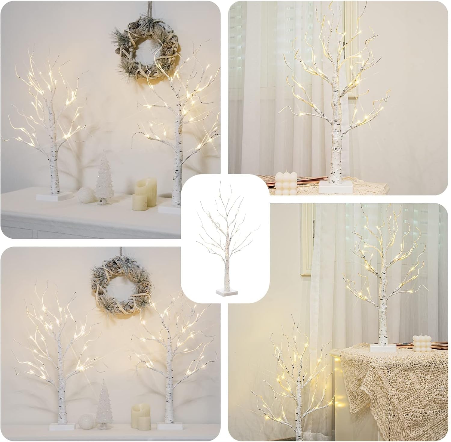 Set of 2- White Christmas Tree with Lights 2FT Tabletop Birch Tree with 24 Warm White Leds Battery Operated Light up Twig Tree for Home Party Wedding Easter Christmas Decoration