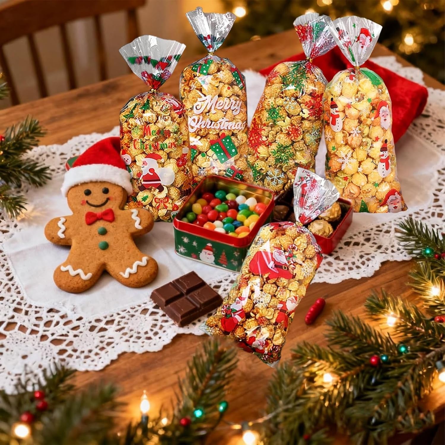 120 Pcs Christmas Cellophane Bags, Clear Treat Bags with Twist Ties