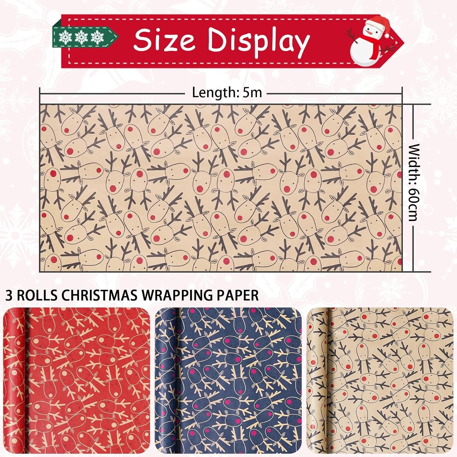 3 X 5M Christmas Wrapping Paper, 60Cm Wide X 5M Length Recyclable
