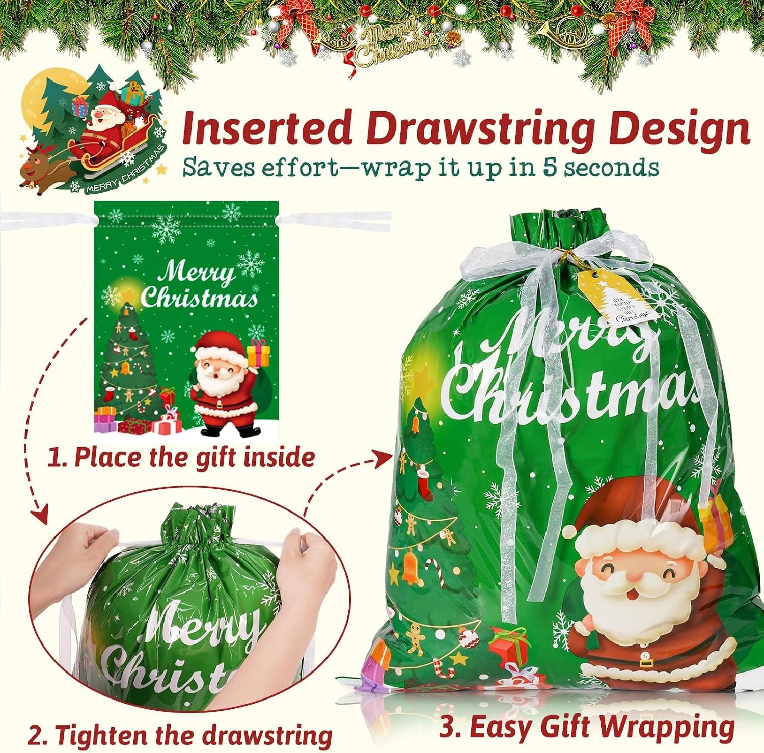 38 PCS Christmas Drawstring Gift Bags - Xmas Wrapping Bags