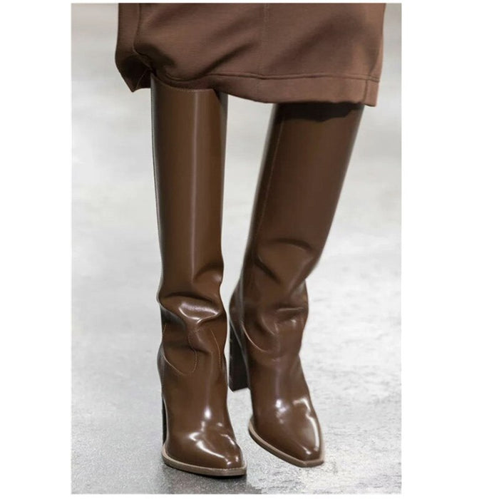 Pointed Toe Knee Boots Brand New Hollow Wooden High Heel