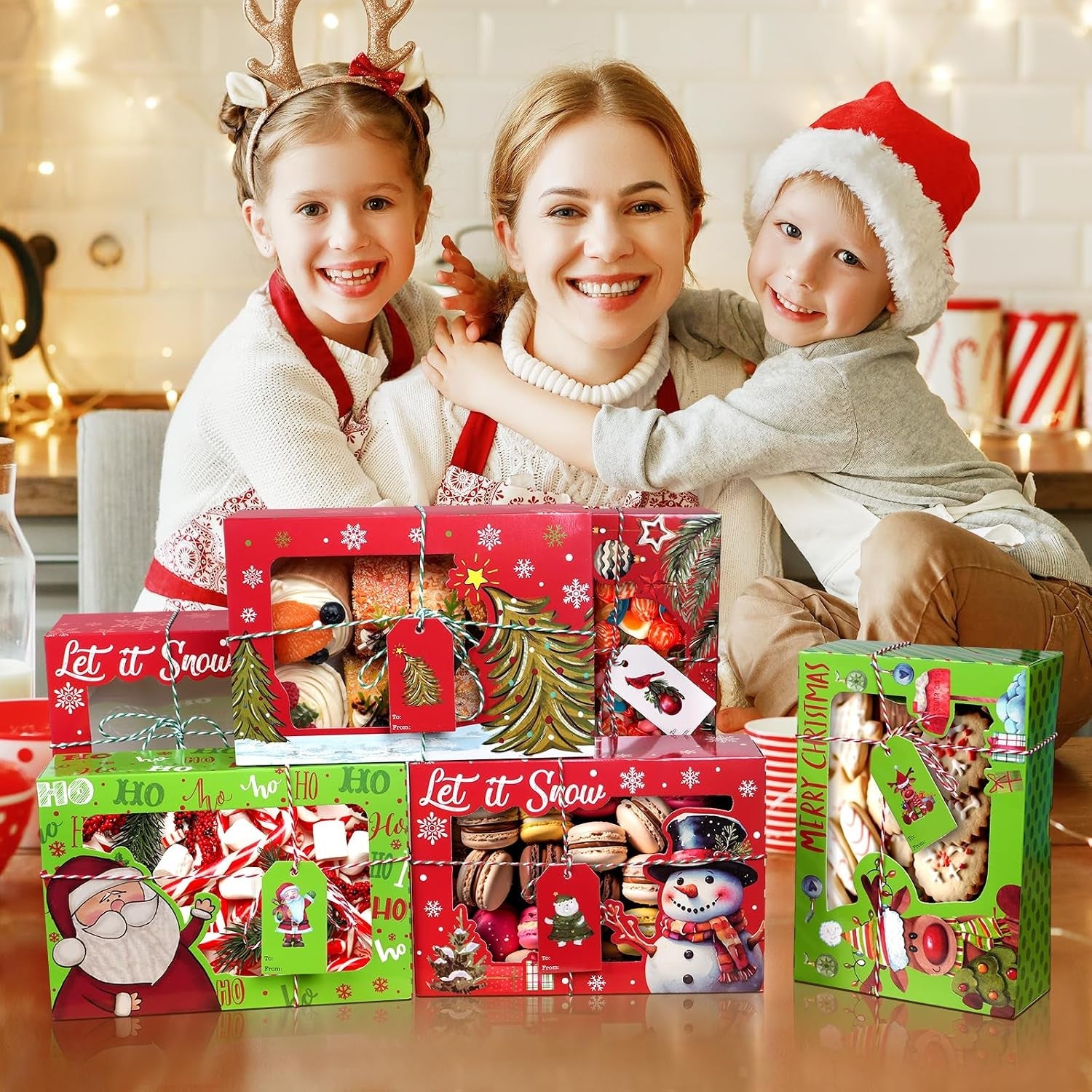 12Pcs Christmas Cookie Box 22X15X7 CM, 6 Designs Xmas Treat Gift Box with Clear Window Ribbon Tag, Christmas Cupcake Cookies Pastries Brownies Donuts Box Holiday Party Supply Gift Giving