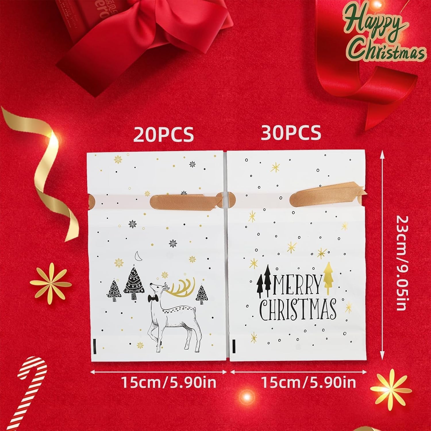 50 PCS Small Christmas Bags with Drawstring, Reusable Xmas Drawstring Gift Packaging Bags for Sweets, Cookies, and Treats, for Christmas, Parties, and Gift Wrapping Biscuits and Chocolates