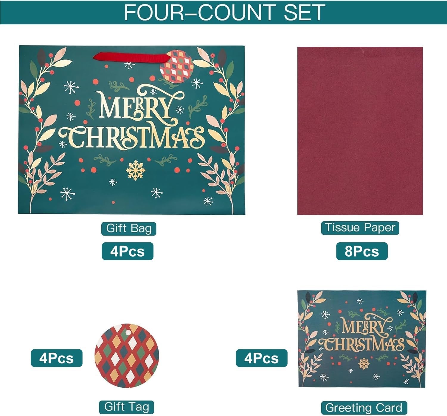 4Pcs Large Christmas Bags Gift Bags with Greeting Card, 40CM X 30CM X 15CM Kraft Paper Bag Christmas Theme Goody Bag with Gift Tag and Tissue Paper for Holiday Xmas Gift Packaging