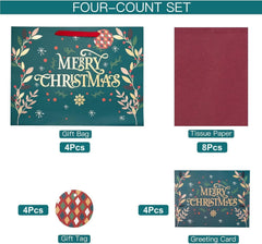 4Pcs Large Christmas Bags Gift Bags with Greeting Card, 40CM X 30CM X 15CM Kraft Paper Bag Christmas Theme Goody Bag with Gift Tag and Tissue Paper for Holiday Xmas Gift Packaging
