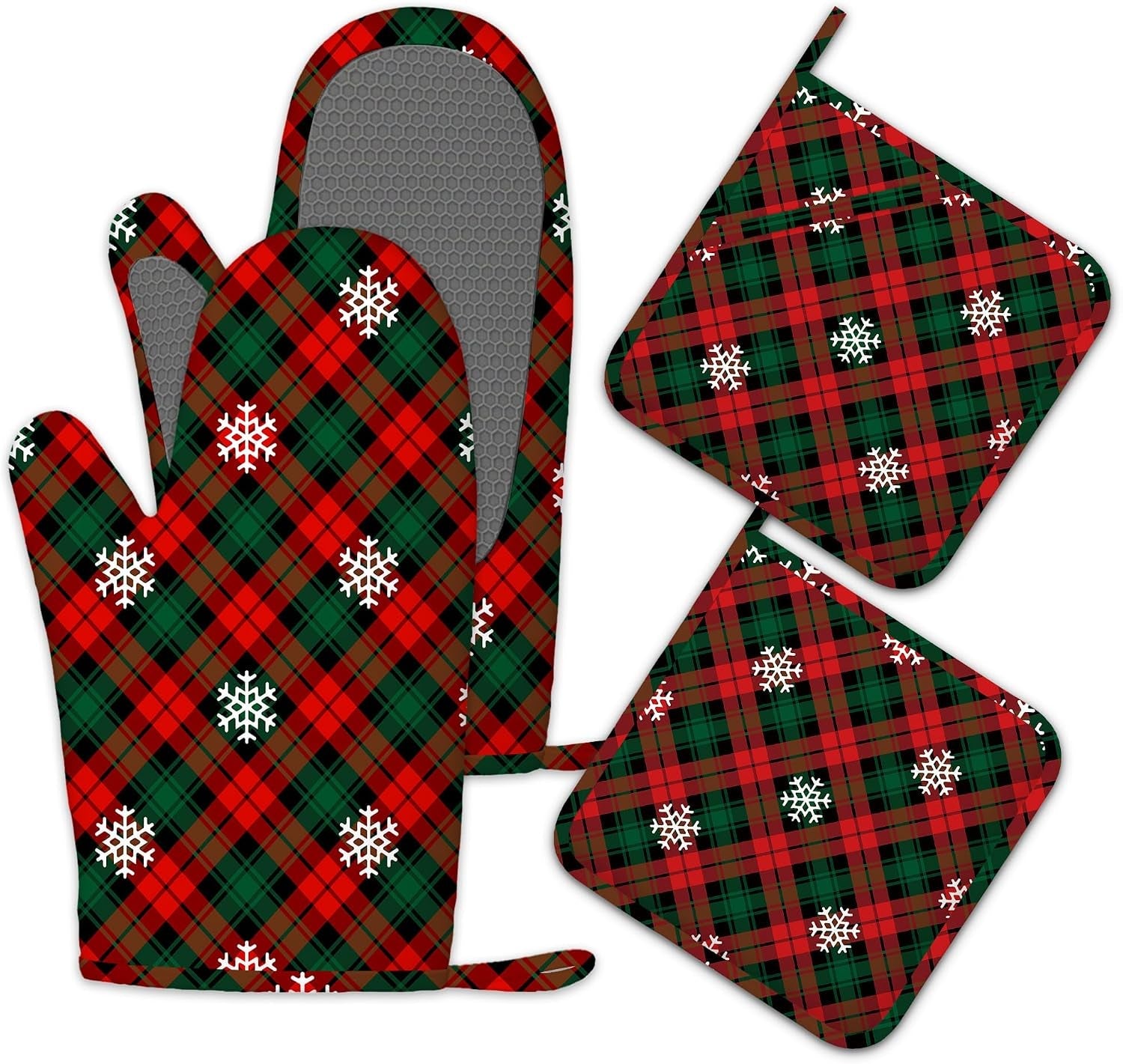 Oven Mitts and Pot Holders Red Green Plaids Silicone Kitchen Accessories Set of 4 Heat Resistant Gloves Retro Christmas Plaid Potholder Non-Slip Grip for Chef Cooking Baking Grilling BBQ