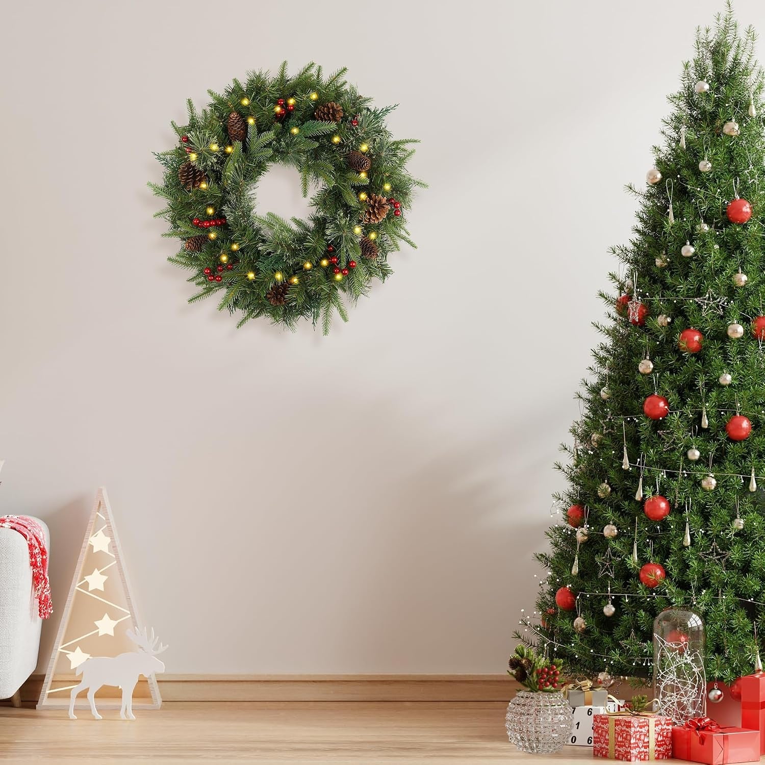 Christmas Wreath Pre-Lit 24 Inch with 50 Light & Pine Cone, Artificial Christmas Wreaths for Front Door with Lights, Wreath for Christmas Decoration Door Windows Wall Green