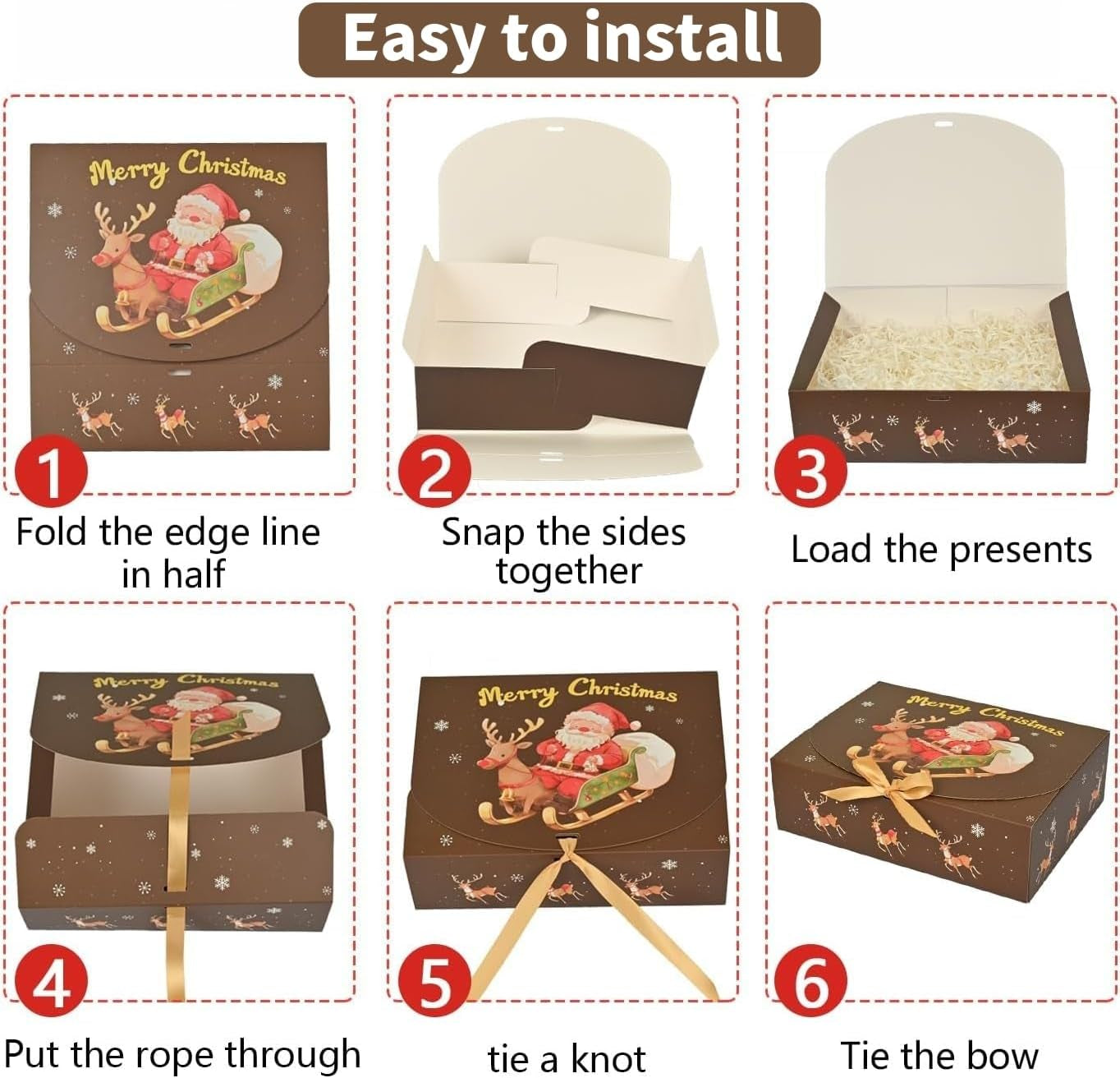 12Pcs Christmas Boxes Gift Boxes with Lids, 27CM X 20CM X 8CM Christmas Kraft Paper Gift Box Snowman Santa Claus Penguin Elk Box with Gold Ribbon for Christma Party Present Packaging