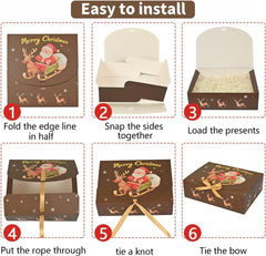 12Pcs Christmas Boxes Gift Boxes with Lids, 27CM X 20CM X 8CM Christmas Kraft Paper Gift Box Snowman Santa Claus Penguin Elk Box with Gold Ribbon for Christma Party Present Packaging