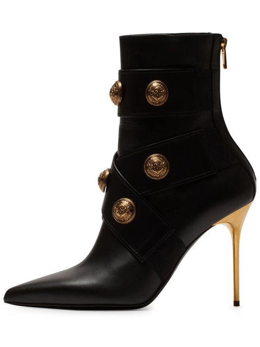 Gold Round Badge Short Boots Pointed Toe Metal Stiletto Heels