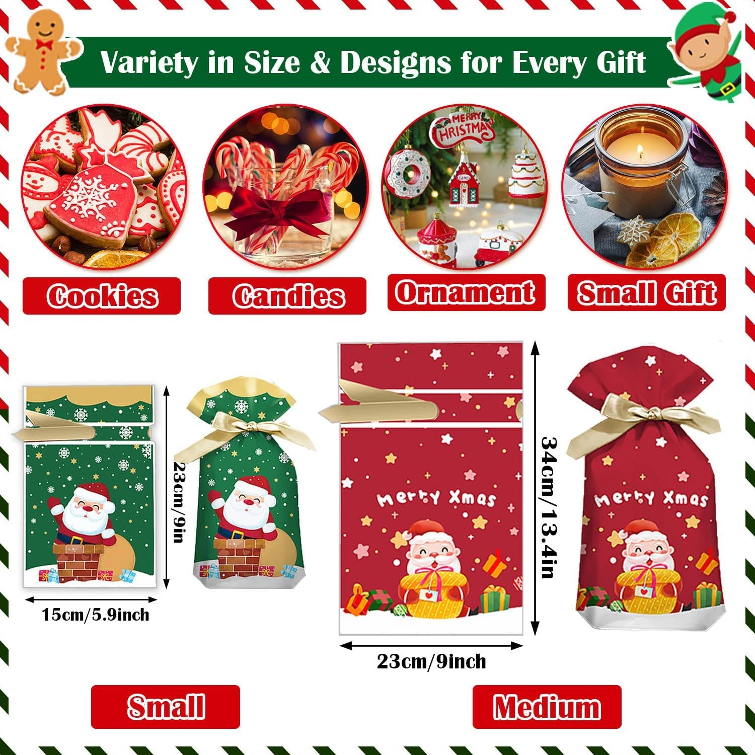 Christmas Drawstring Bags Set - 36 PCS Assorted Xmas Gift Bags in Multipack, Variety of Sizes & Patterns for Christmas Presents & Party