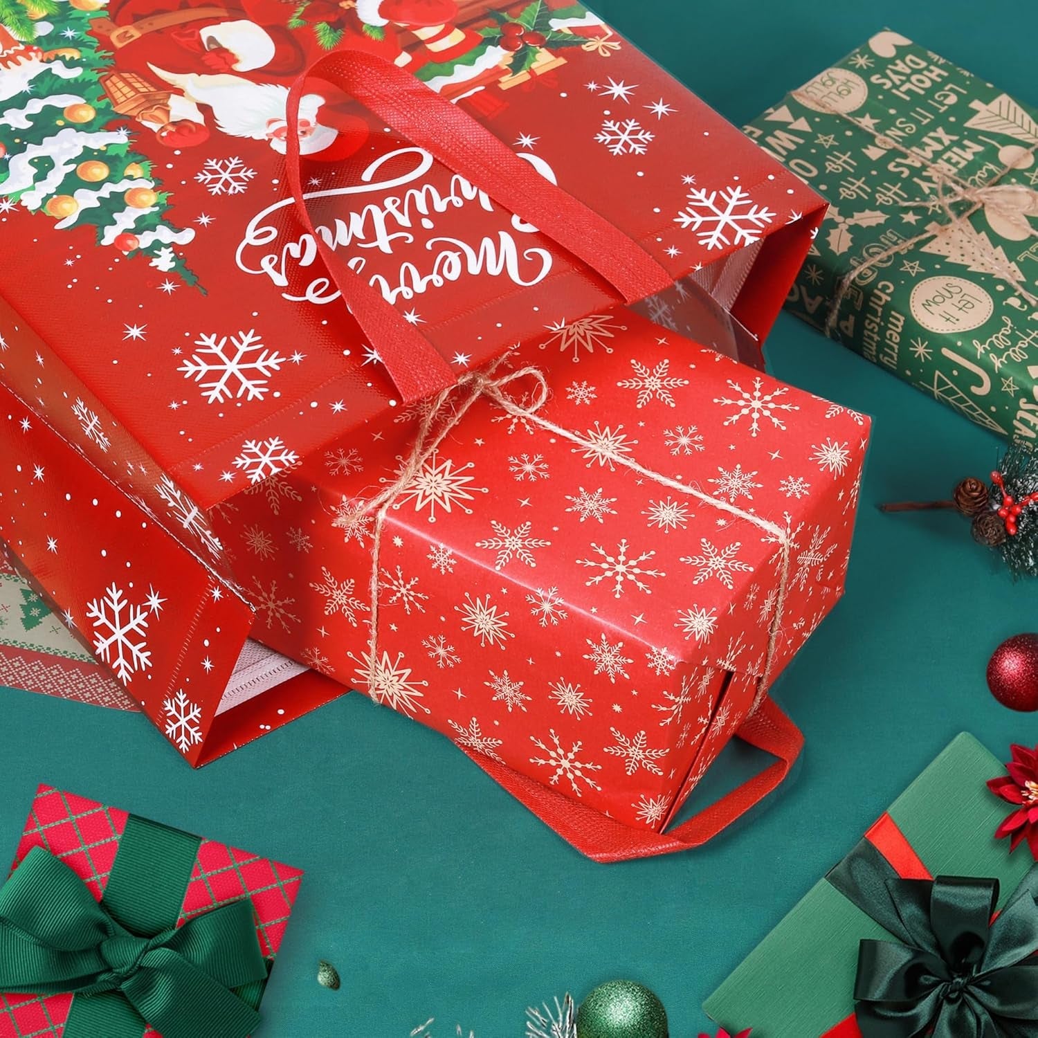 8PCS Large Christmas Tote Bags, Reusable Xmas Tote Bags Waterproof Christmas Presents Bags, Multifunctional Non-Woven Christ-Mas Bags for Xmas Gift Wrapping Shopping Party Supplies