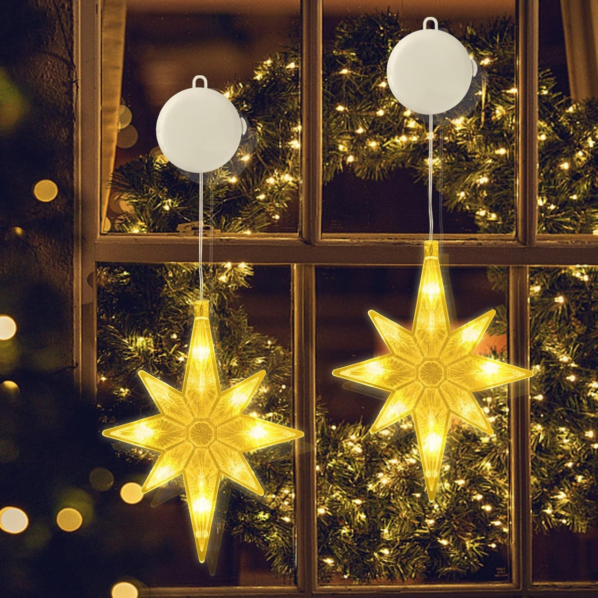 2 Pack LED Star Christmas Lights, Window Star Lights with Timer & Suction Cups, Indoor Outdoor Star Window Lights for Christmas Decorations, Weddings & Home Décor