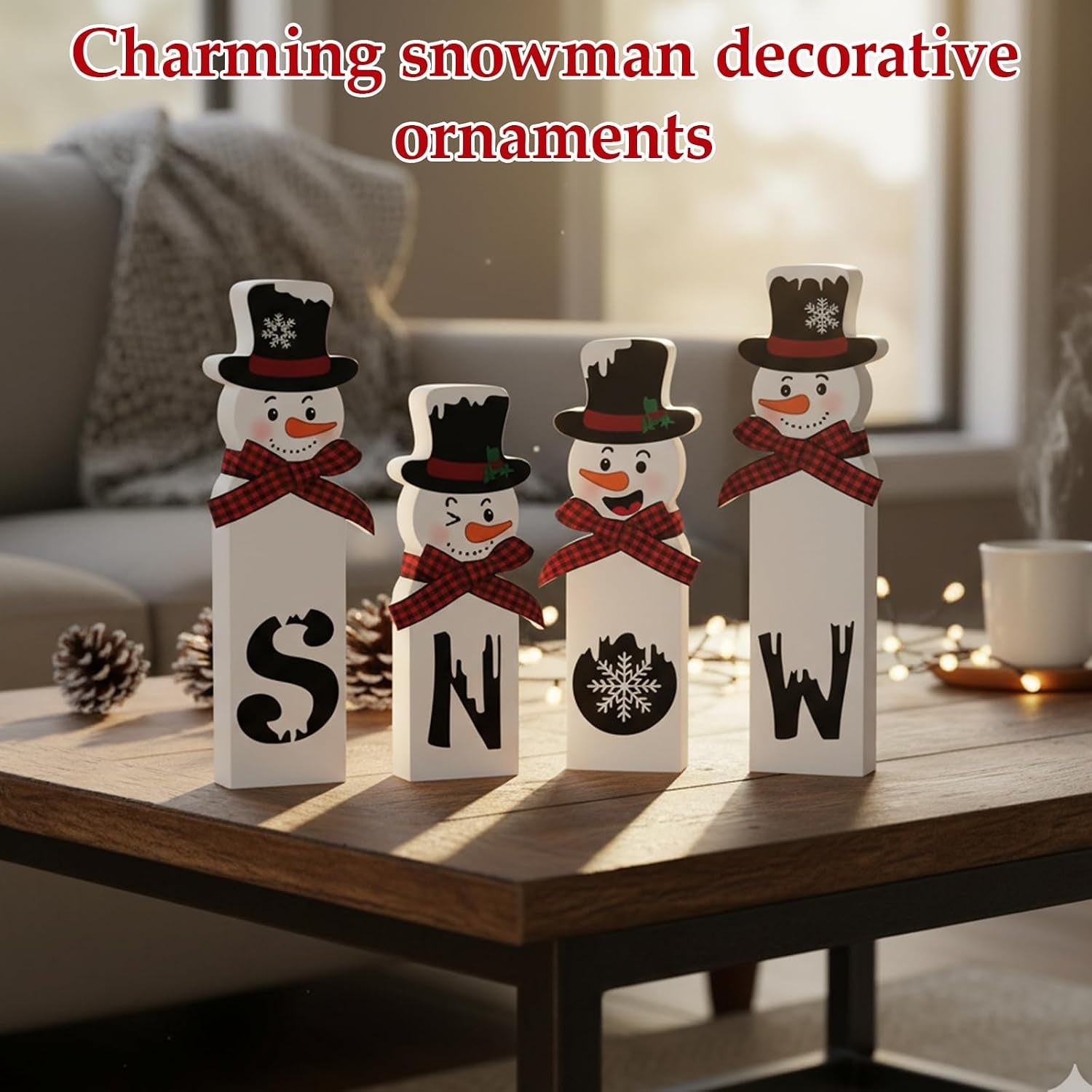 Christmas Decorations, Set of 4 Snowman Tabletop Decor, Traditional Indoor Xmas Decorations, 15 Cm Festive Holiday Centerpiece for Home and Kitchen