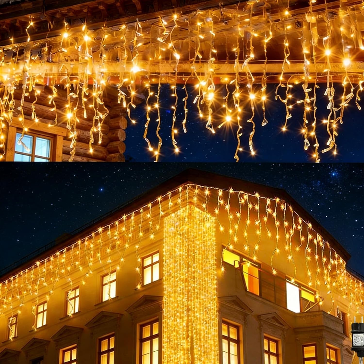 Icicle Christmas Lights Outdoor, 10M 400 LED Plug-In Waterproof Fairy String Lights with 8 Modes, Timer&Connectable, for Eaves, Gutters, House Roof, Garden, Patio & Party Decorations Warm White