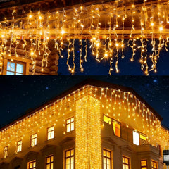 Icicle Christmas Lights Outdoor, 10M 400 LED Plug-In Waterproof Fairy String Lights with 8 Modes, Timer&Connectable, for Eaves, Gutters, House Roof, Garden, Patio & Party Decorations Warm White