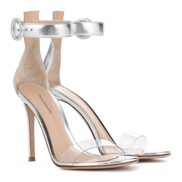Oversized Womens Shoes With Pvc Buckle and Silver Slim Heels