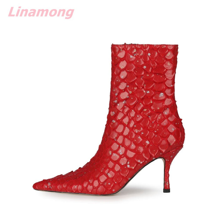 Women Bling Boots Pointed Toe Thin High Heel Side Zipper