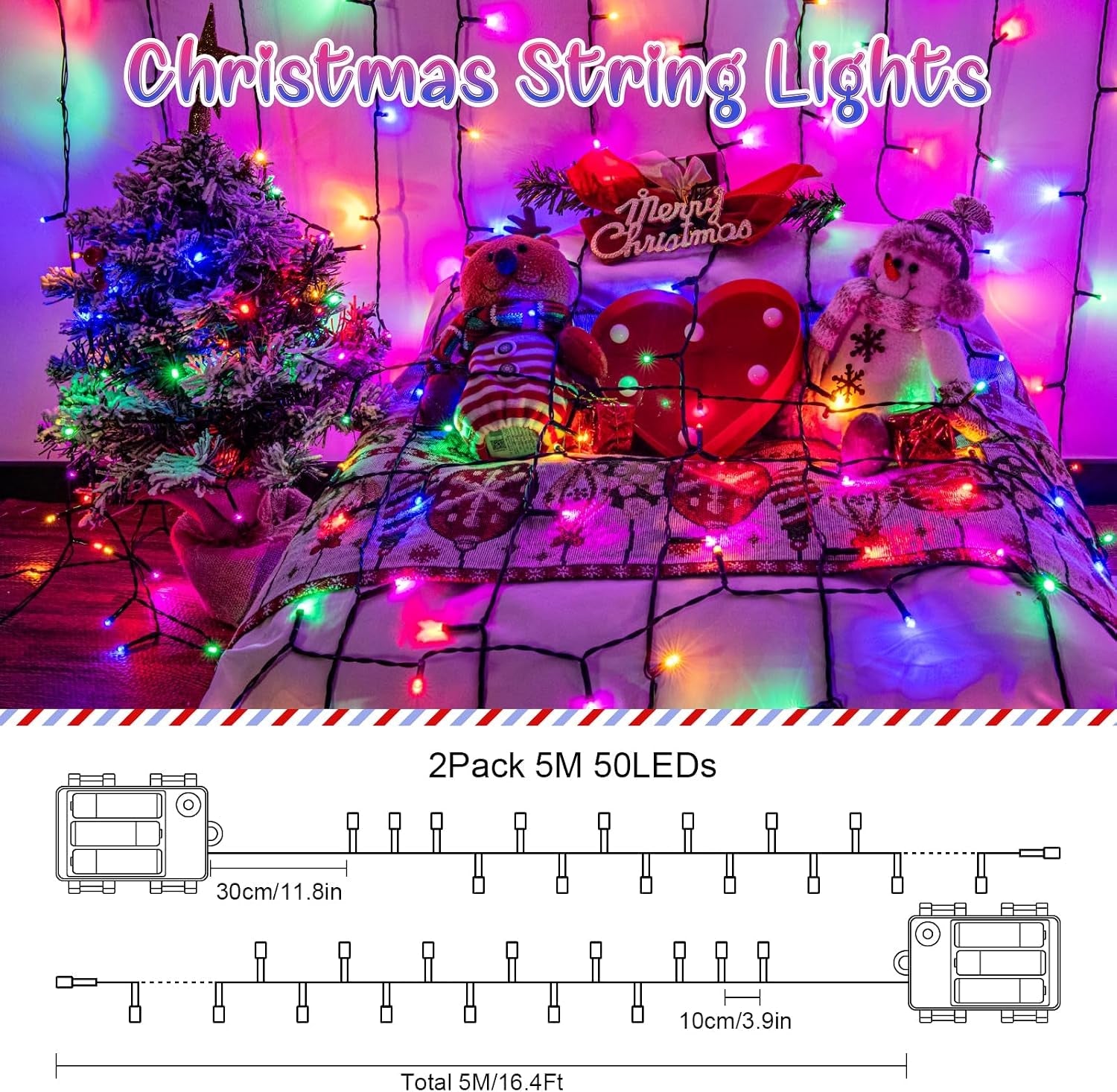 Fairy Lights Battery Operated 5M 50Leds 2Pack, Multicoloured Battery Fairy Lights with Timer, Waterproof for Garden Christmas Bedroom Indoor Outdoor Xmas Tree Decorations