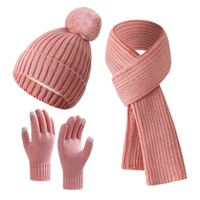 Solid Color Woven Hat Scarf And Gloves Warm Set